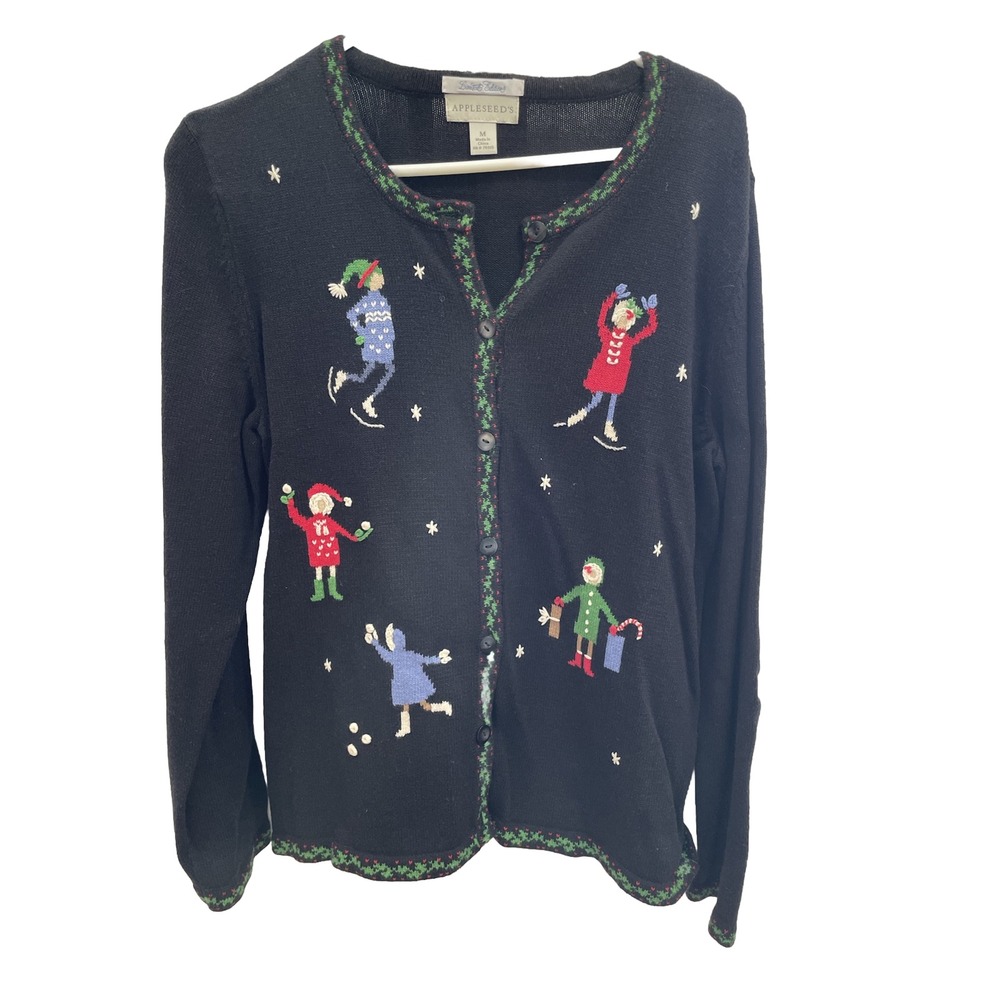 Christmas Appleseeds Black Cardigan Ice Skaters Sweater Limited Edition M SI34